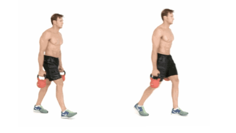 Farmer's walk with kettlebell exercise, slim body